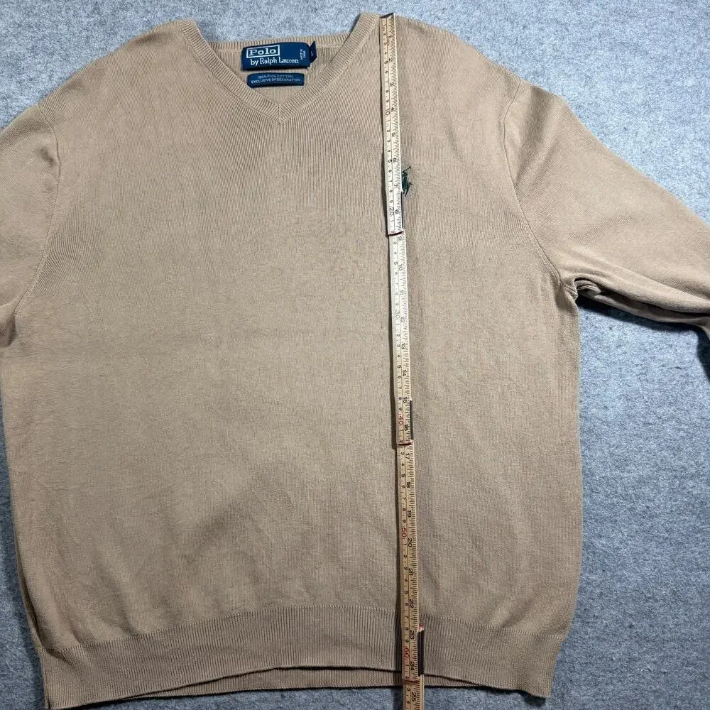 Vintage 90s Polo Ralph Lauren Pima Cotton Sweater Mens L Tan V-Neck Preppy Knit